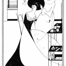Salomé is sitting in a flared dress at a dressing table as a coiffeur wearing a Pierrot costume attends to her hairdo