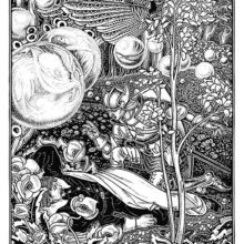 An armored knight kneels by a man lying in a fantasy forest alive with birds and floating spheres
