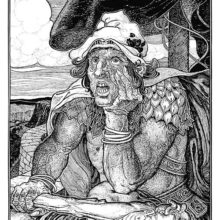 A giant with coarse features sits on a rampart walk, his chin in one hand and a cudgel in the other