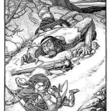 A pilgrim and a knight are runnning away from a giant who has fallen down outside a castle wall