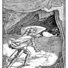 A knight holds up his shield for protection as he walks toward a cave inside which a monster lies