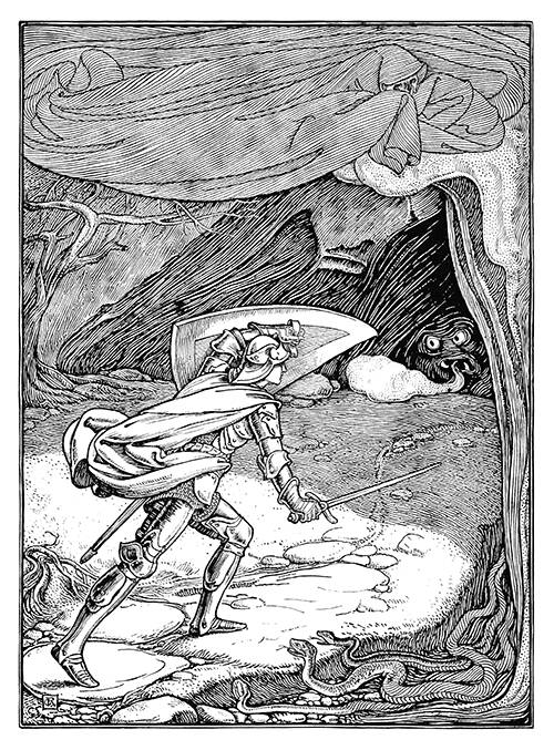 A knight holds up his shield for protection as he walks toward a cave inside which a monster lies