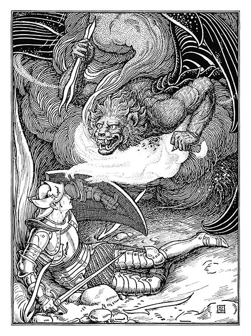 A knight lying on the ground protects himself with a shield against a monster wielding flaming darts