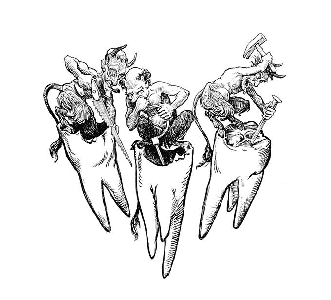 Three satyr-like imps are hacking away at three molar teeth with gusto and construction tools