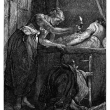 A woman with a candle leans over the bed in which a man is sleeping, to have a closer look at him