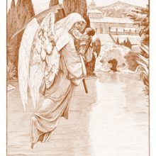 Death glides through the air carrying a baby over a lake, toward a greenhouse overlooking a garden