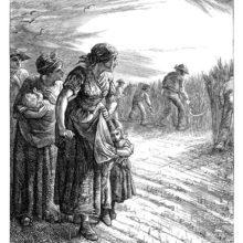 Women form a line in a field while looking toward men reaping wheat with their sickles