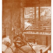 Death is sitting on the belly of a man lying in bed as ghostly faces float around in the background