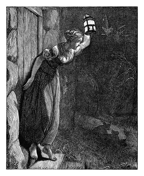 A young woman stands on a doorstep and holds up a lantern in front of her to peer into the night