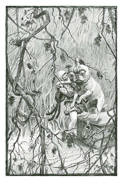 A man wearing trunk hose stands in a clearing and heaves a large dog off a locked chest