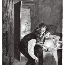 Two men lean over a chest and peek at the man hiding inside as a woman watches from another room