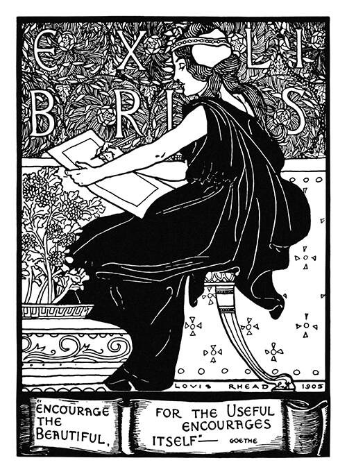 Bookplate design showing a woman seen from the side about to write or draw on a piece of paper