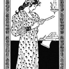 Bookplate showing a woman sharpening a quill by an oil lamp as books can be seen in the background