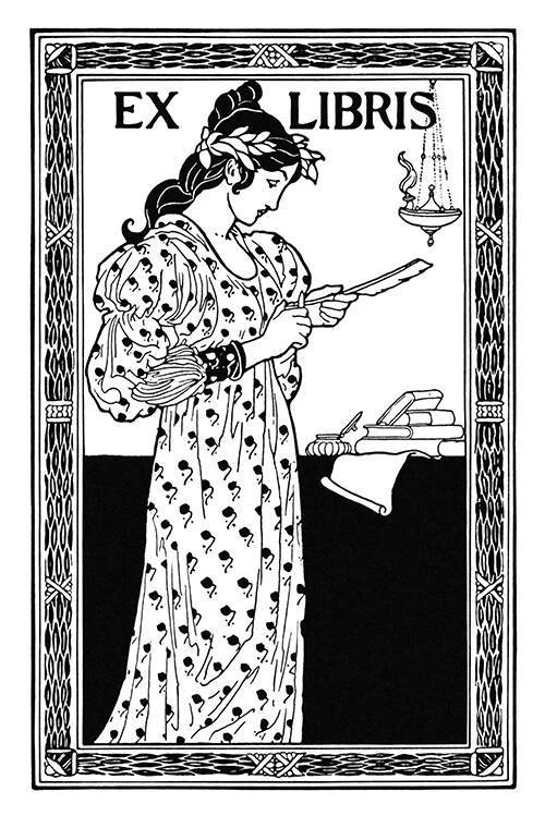 Bookplate showing a woman sharpening a quill by an oil lamp as books can be seen in the background