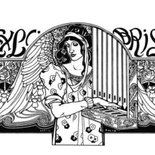 Bookplate showing a winged female figure playing the portative organ among decorative floral motifs
