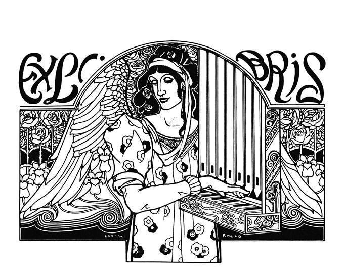Bookplate showing a winged female figure playing the portative organ among decorative floral motifs
