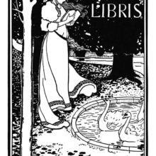 Bookplate showing a woman standing with a book in her hands, by a pond in which swans are swimming