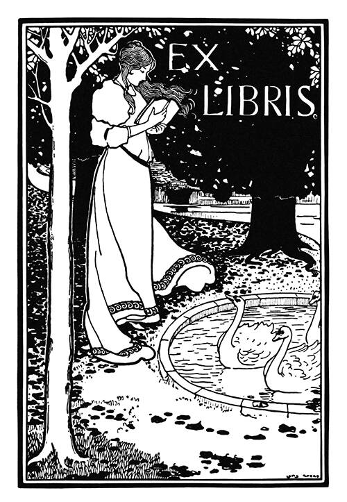 Bookplate showing a woman standing with a book in her hands, by a pond in which swans are swimming