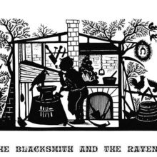 A blacksmith takes a break in his workshop as he considers a raven sitting on his anvil