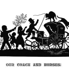Silhouette illustration showing children, and a coachman yelling at cats jumping about a carriage
