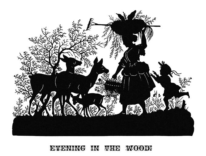 Silhouette illustration showing a woman followed by a child, carrying baskets as deer stand nearby