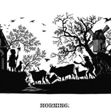 Rural scenery showing a watchman with a spear, a herdsman driving cattle, and a windmill