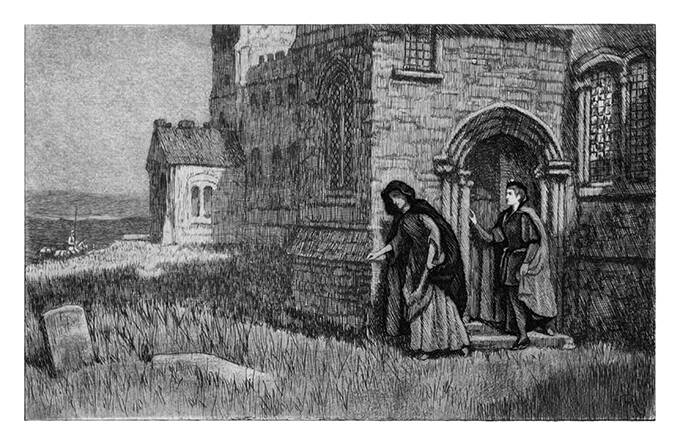Two women—one wearing a hooded cloak, the other dressed as a man—are sneaking out of a convent