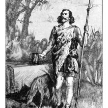 A man stands beside a table with a jug in one hand and a pole weapon in the other, looking defiant