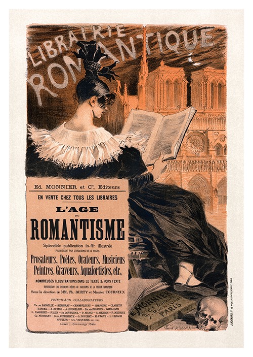 A woman dressed in the 1830s fashion reads from a book as Notre-Dame stands in the background