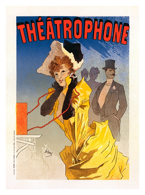 A woman looks sideways at the viewer while holding the receivers of a "théâtrophone" to her ears
