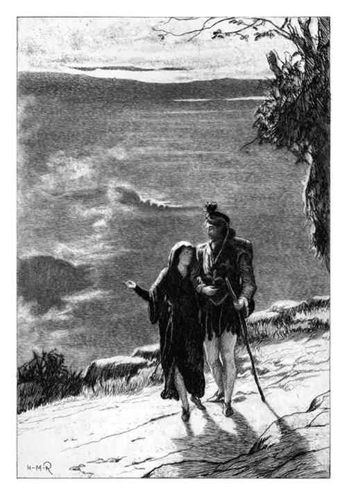 A woman and a man are walking arm in arm on a path overlooking the waters of a choppy lake