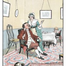 A man sitting in an armchair smokes his pipe and looks lovingly at his wife who stands beside him