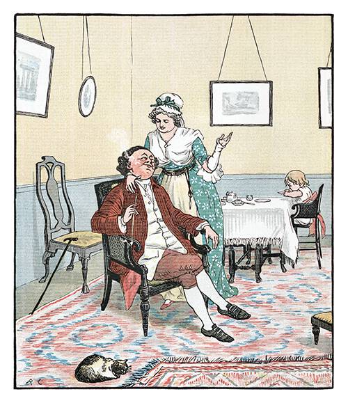 A man sitting in an armchair smokes his pipe and looks lovingly at his wife who stands beside him