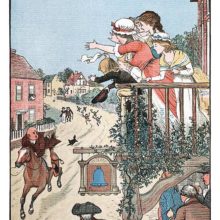 Gilpin's family waves and shouts from the balcony of an inn as he rides on in the street below