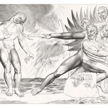 Ciampolo stands against a background of waves and flames as a devil tears at his arm with a hook