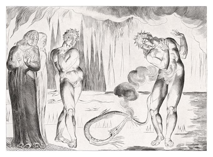 Dante, Virgil, and a thief stand to the left of Donati who has just been bitten by a snake
