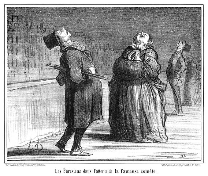 Parisians are out at night, tilting their heads back to catch a glimpse of the comet of 1857