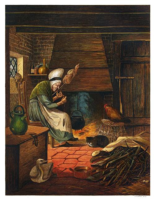 An old woman spins by the fireplace with a rooster and a cat who looks sternly at a "duckling"