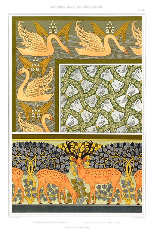 Decorative patterns showing swans on a pond, butterflies among foliage, and deer in a clearing