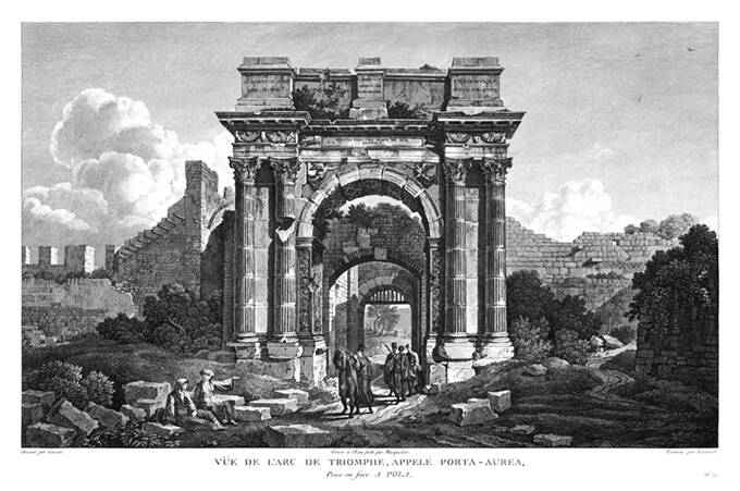 Arch of the Sergii in Pula, Croatia, with men standing in the archway and women sitting on rubble