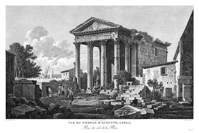 View of the front and side of the Temple of Augustus in Pula, as seen from the square