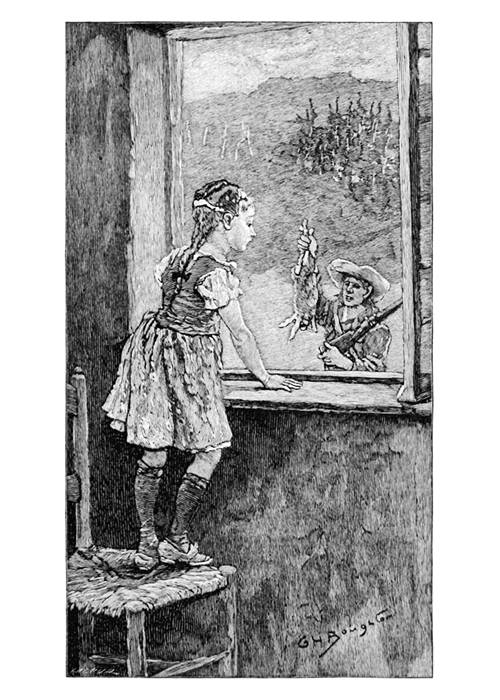 A girl standing on a chair looks out of a window from which she can see a hunter carrying a rabbit