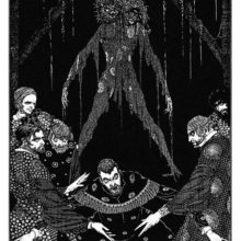 A angry man tries move away from a corpse standing in the background, a cat sitting on its head