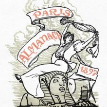 Back cover of "Paris-almanach" showing a woman sitting on a sphinx and brandishing a scroll