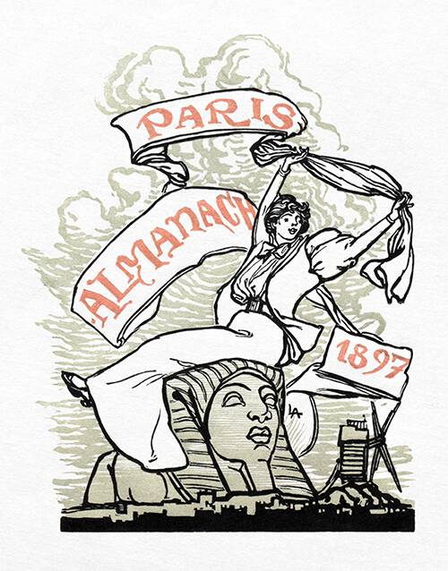 Back cover of "Paris-almanach" showing a woman sitting on a sphinx and brandishing a scroll