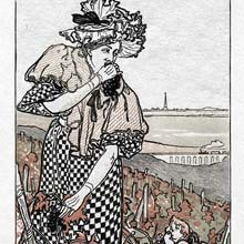 A woman in a checkered dress stands in a vineyard and raises a bunch of grapes to her mouth