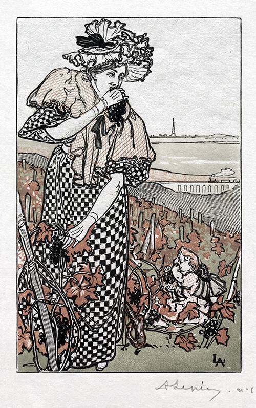 A woman in a checkered dress stands in a vineyard and raises a bunch of grapes to her mouth