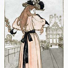 A young woman is seen from behind walking along the Seine while eating what looks like a fruit