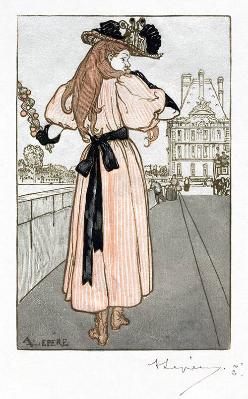 A young woman is seen from behind walking along the Seine while eating what looks like a fruit