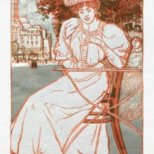 A woman is having an ice-cream at a table outdoors—probably at the terrace of a café
